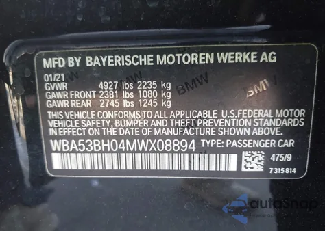 2021 BMW 530I z USA, uszkodzony, nr VIN WBA53BH04MWX08894